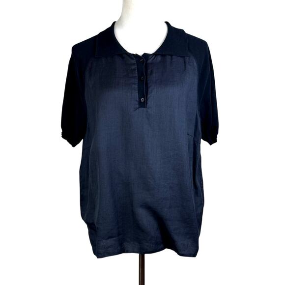 'S MaxMara 100% Cotton Black Mixed Media Short Puff Sleeve Button Collared Shirt - Picture 1 of 11